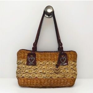 ECU Brighton Stripes Straw Woven Tote bag Brown Leather Trim